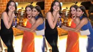 Ananya Pandey holds KKR Winning Trophy while Celebrating Wining Occasion: She poses with Suhana Khan and Shanaya Kapoor
